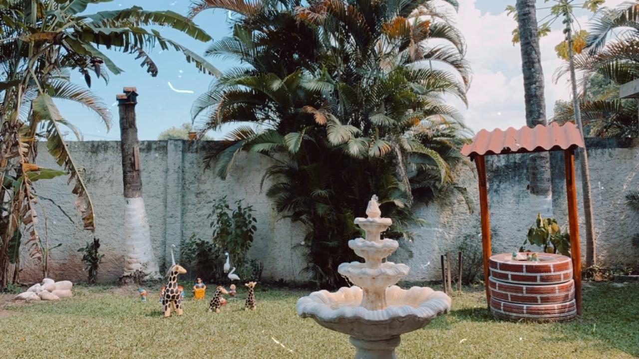 Jardim da Casa de Repouso Esperança do Idoso, com fonte de água, palmeiras e gramado